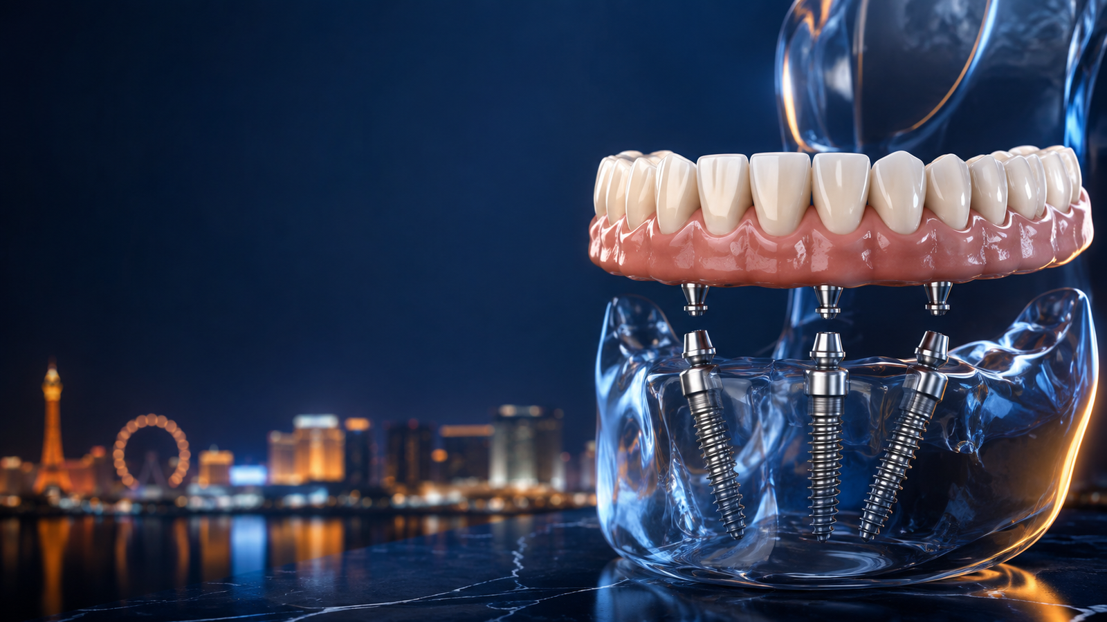 3D illustration of a full-arch All-on-4 dental implant restoration supported by four implants