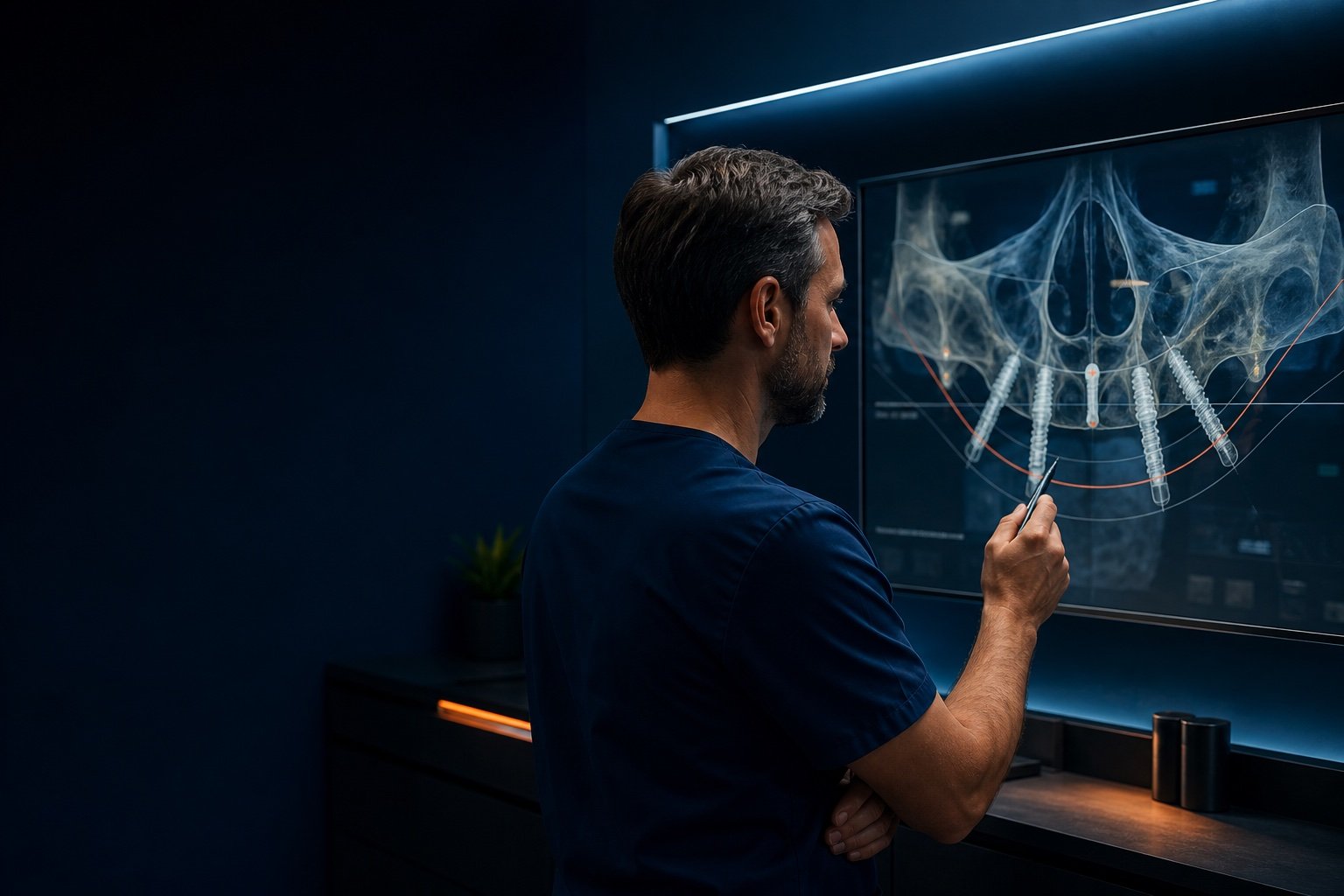 Clinician reviewing a conceptual upper-jaw implant plan on a digital display.