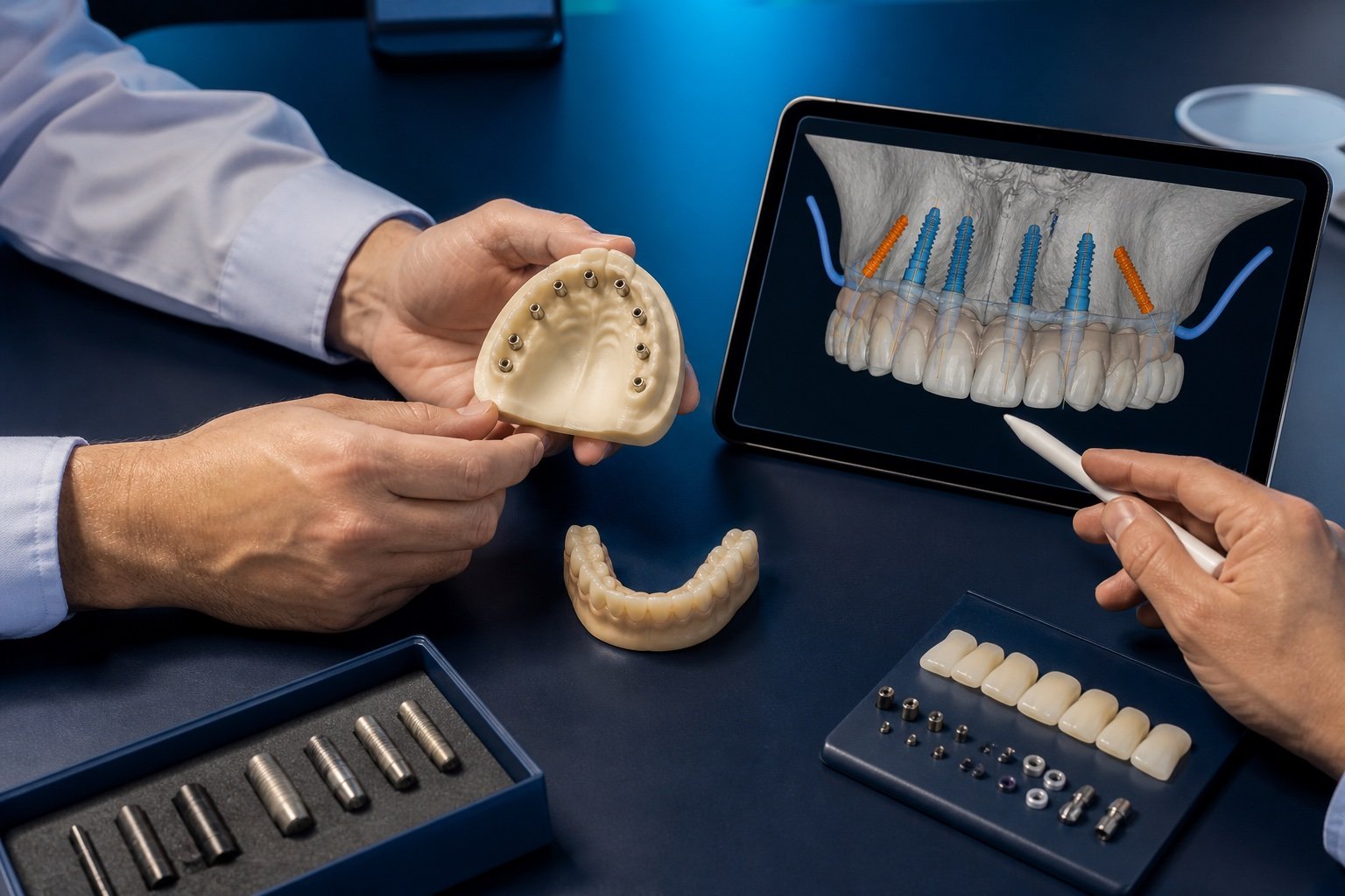 Hands comparing a full-arch model with conceptual implant and restoration planning.