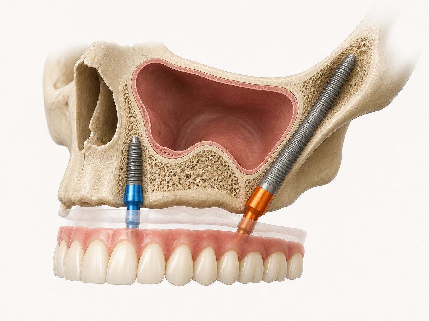 Conceptual upper-jaw cutaway comparing conventional implant support with longer cheekbone anchorage.